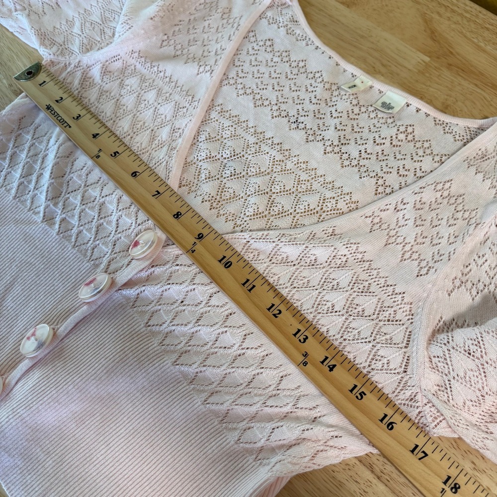 Moth Anthropologie Pointelle Knit Cardigan Size M Coquette Pink Flare Sleeve - Picture 9 of 11